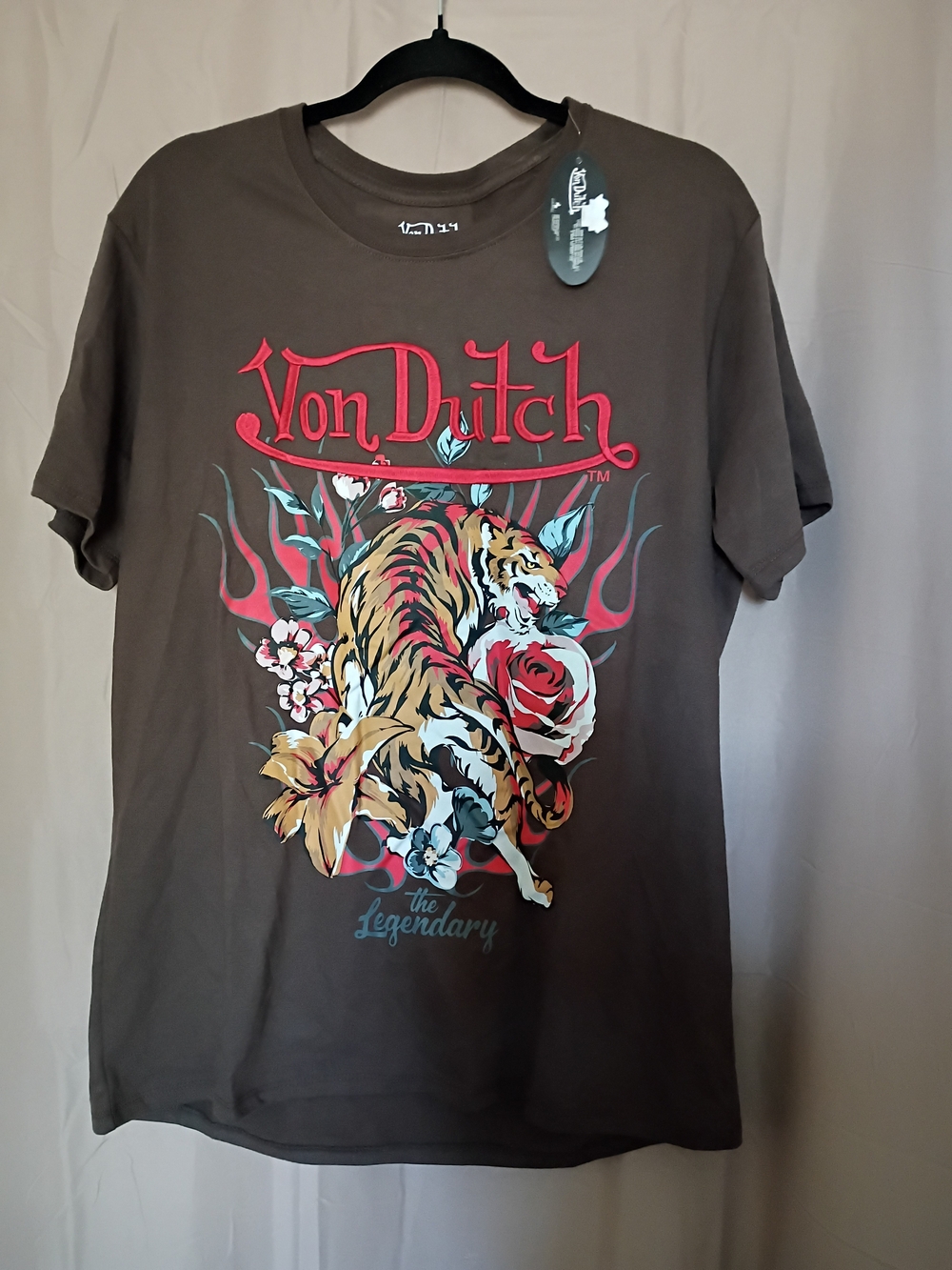 Von Dutch Brown Tee with Red Logo and Multicolor Tiger Graphic Embroidered